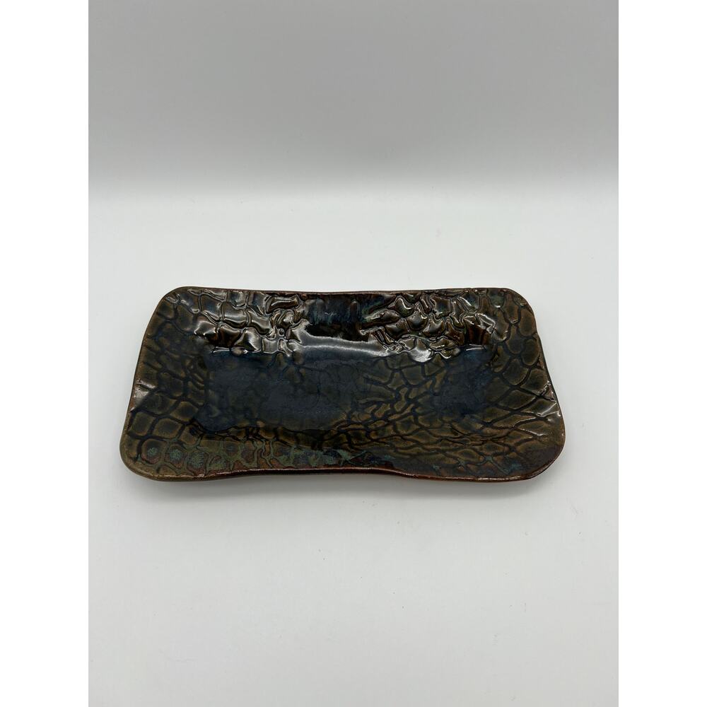 Signed Art Pottery Rectangle Reptile Design Texture Brown Green Shiny Glaze Dish